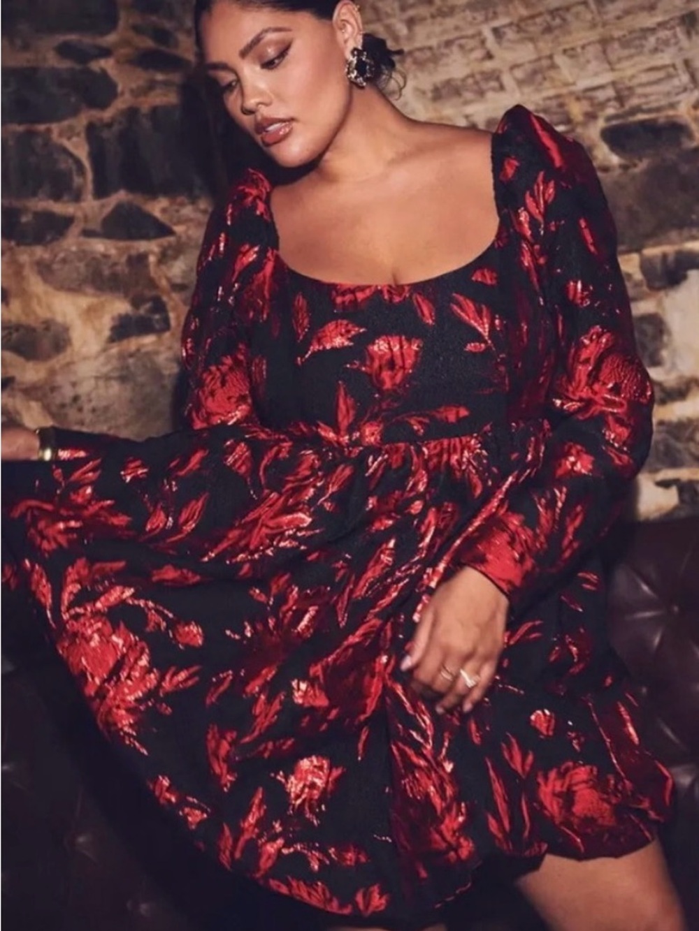 Eloquii Black Dress with Red Floral brocade